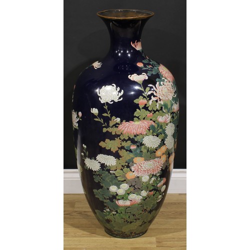 346 - A large Japanese cloisonné enamel floor vase, decorated in polychrome with flowers on a blue ground,... 