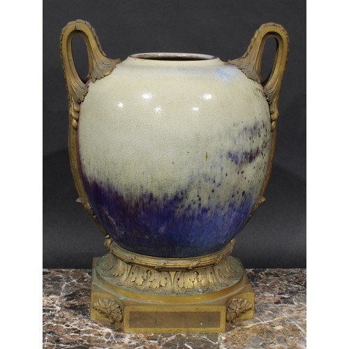 349 - A large ormolu mounted Chinese ovoid vase, glazed in the Jun ware manner in streaked tones of plum, ... 