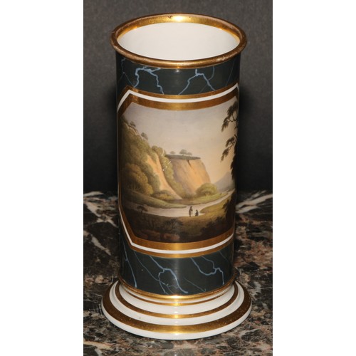 185 - A pair of Barr Worcester cylindrical spill vases, painted with Sublime landscapes, within canted res... 