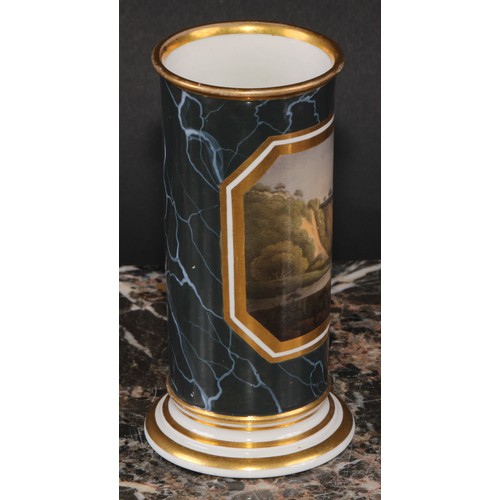 185 - A pair of Barr Worcester cylindrical spill vases, painted with Sublime landscapes, within canted res... 