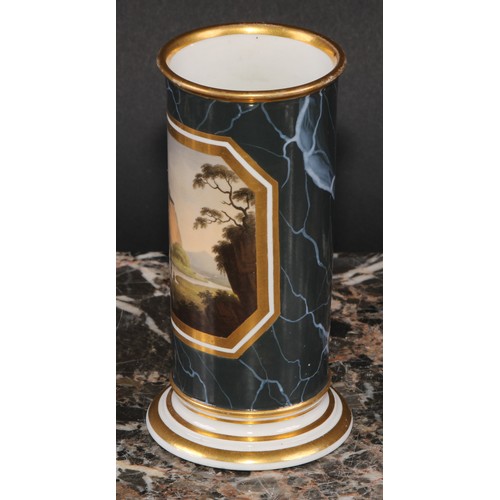 185 - A pair of Barr Worcester cylindrical spill vases, painted with Sublime landscapes, within canted res... 