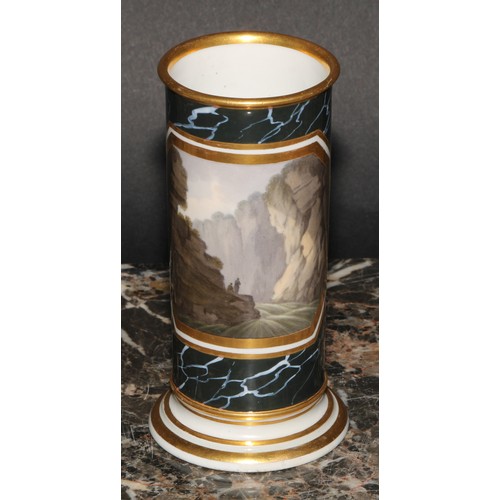 185 - A pair of Barr Worcester cylindrical spill vases, painted with Sublime landscapes, within canted res... 