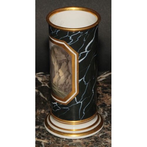 185 - A pair of Barr Worcester cylindrical spill vases, painted with Sublime landscapes, within canted res... 