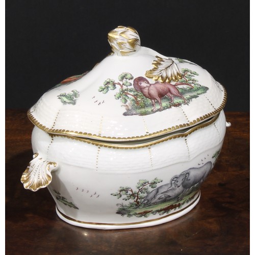 194 - A Worcester Aesop Fable sauce tureen, painted in polychrome with The Dogs and the Fox, osier border,... 