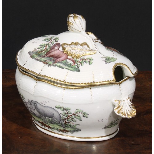 194 - A Worcester Aesop Fable sauce tureen, painted in polychrome with The Dogs and the Fox, osier border,... 