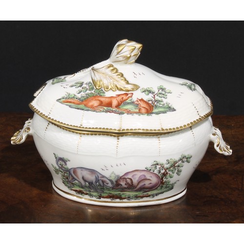 194 - A Worcester Aesop Fable sauce tureen, painted in polychrome with The Dogs and the Fox, osier border,... 