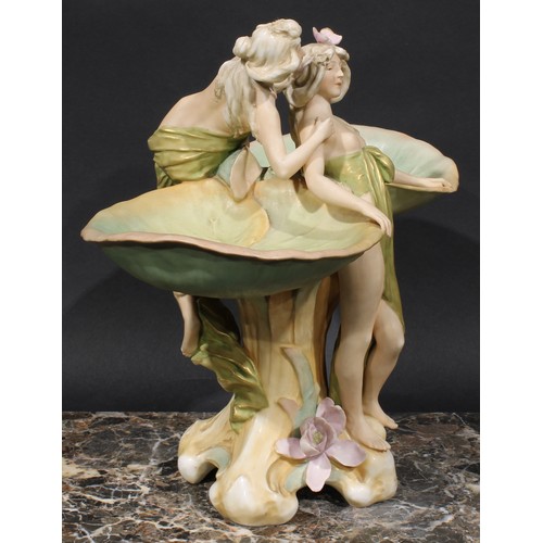 277 - Royal Dux Art Nouveau centrepiece, modelled as scantily clad water nymphs flanked by lily pads, 39cm... 