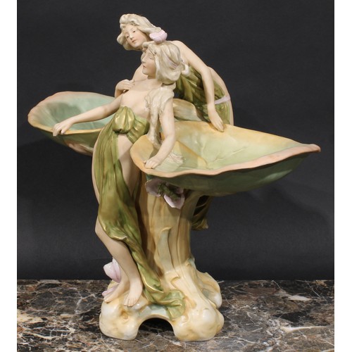 277 - Royal Dux Art Nouveau centrepiece, modelled as scantily clad water nymphs flanked by lily pads, 39cm... 