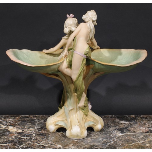 277 - Royal Dux Art Nouveau centrepiece, modelled as scantily clad water nymphs flanked by lily pads, 39cm... 