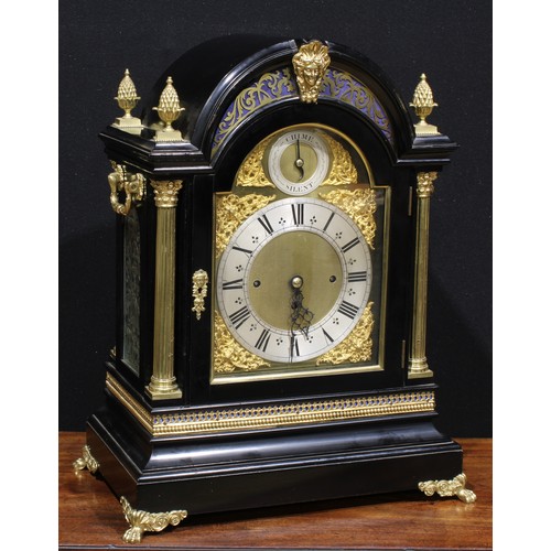 1433 - A Victorian gilt metal mounted ebonised bracket clock, in the George II Revival style, 25cm arched b... 