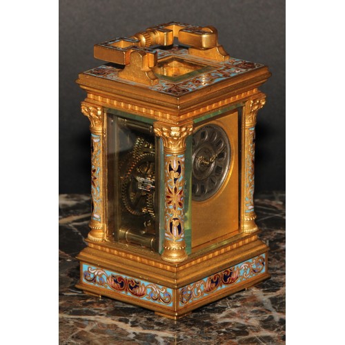 1648 - A late 19th century champleve enamel miniature carriage timepiece, 2.5cm silvered clock dial inscrib... 