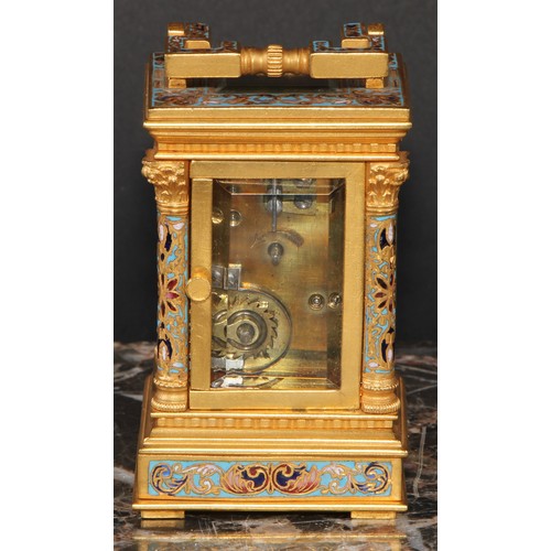 1648 - A late 19th century champleve enamel miniature carriage timepiece, 2.5cm silvered clock dial inscrib... 