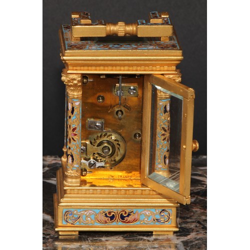 1648 - A late 19th century champleve enamel miniature carriage timepiece, 2.5cm silvered clock dial inscrib... 