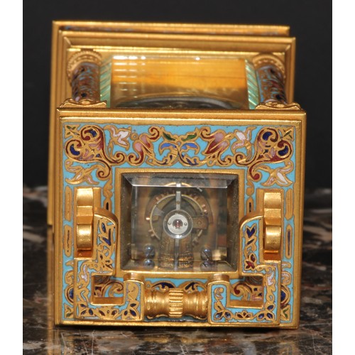 1648 - A late 19th century champleve enamel miniature carriage timepiece, 2.5cm silvered clock dial inscrib... 