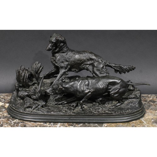 2130 - Pierre Jules Mene (1810 - 1879), a dark patinated bronze, dogs approaching a game bird, signed in th... 