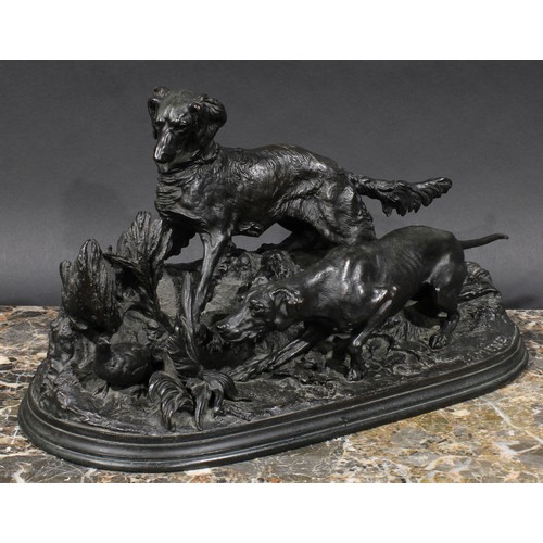 2130 - Pierre Jules Mene (1810 - 1879), a dark patinated bronze, dogs approaching a game bird, signed in th... 