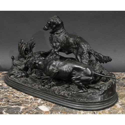 2130 - Pierre Jules Mene (1810 - 1879), a dark patinated bronze, dogs approaching a game bird, signed in th... 