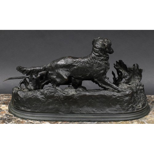 2130 - Pierre Jules Mene (1810 - 1879), a dark patinated bronze, dogs approaching a game bird, signed in th... 