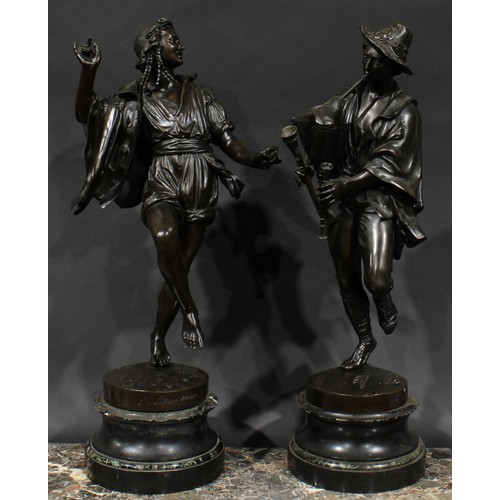 1507 - E. De. Labroue, French, 19th century, a pair of brown patinated bronzes, Musician and Dancer, inscri... 