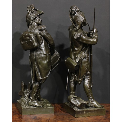 1508 - Étienne Henri Dumaige, French, (1830-1888), a pair of patinated bronzes, Napoleonic soldiers, Avant ... 