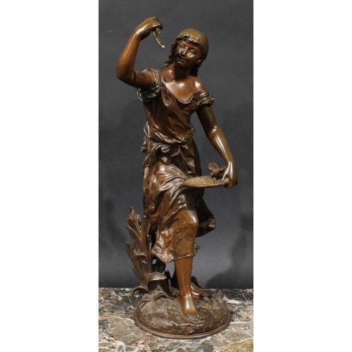 1645 - Hippolyte François Moreau, French (1832 - 1927), a brown patinated bronze, Feeding the Birds, signed... 