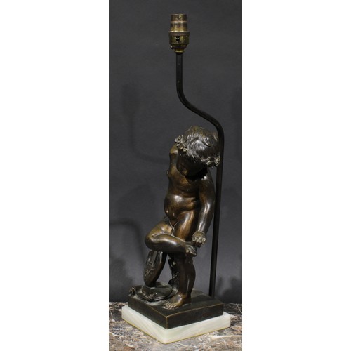 1642 - French School, 19th century, a brown patinated bronze, of a cherub with a lyre, later mounted as a t... 