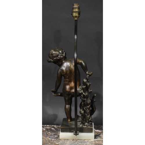 1642 - French School, 19th century, a brown patinated bronze, of a cherub with a lyre, later mounted as a t... 