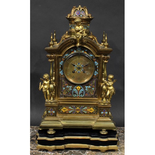 1577 - A 19th century French gilt brass and champlevé enamel mantel clock, 10cm dial with Roman numerals, t... 