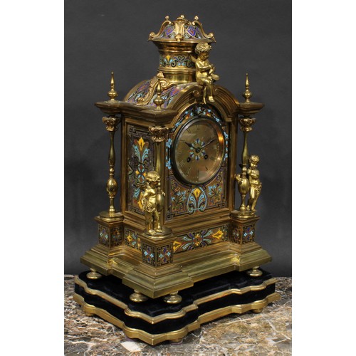 1577 - A 19th century French gilt brass and champlevé enamel mantel clock, 10cm dial with Roman numerals, t... 