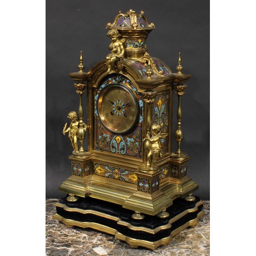 1577 - A 19th century French gilt brass and champlevé enamel mantel clock, 10cm dial with Roman numerals, t... 