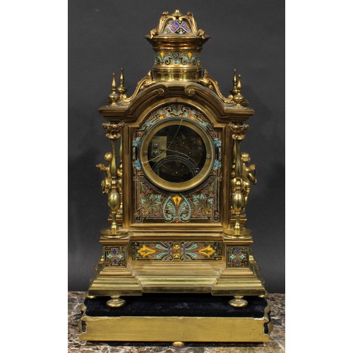 1577 - A 19th century French gilt brass and champlevé enamel mantel clock, 10cm dial with Roman numerals, t... 