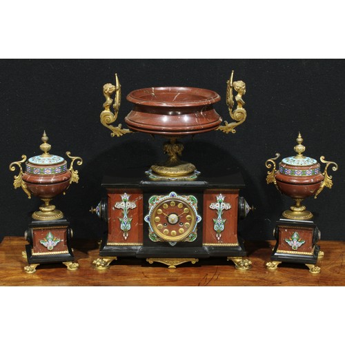 1309 - A 19th century gilt metal mounted marble and champlevé enamel mantel clock garniture, 10cm dial with... 