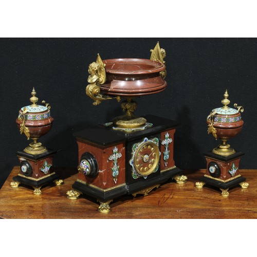 1309 - A 19th century gilt metal mounted marble and champlevé enamel mantel clock garniture, 10cm dial with... 