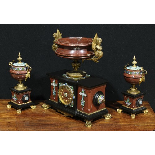 1309 - A 19th century gilt metal mounted marble and champlevé enamel mantel clock garniture, 10cm dial with... 