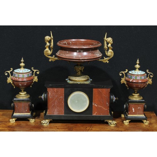 1309 - A 19th century gilt metal mounted marble and champlevé enamel mantel clock garniture, 10cm dial with... 