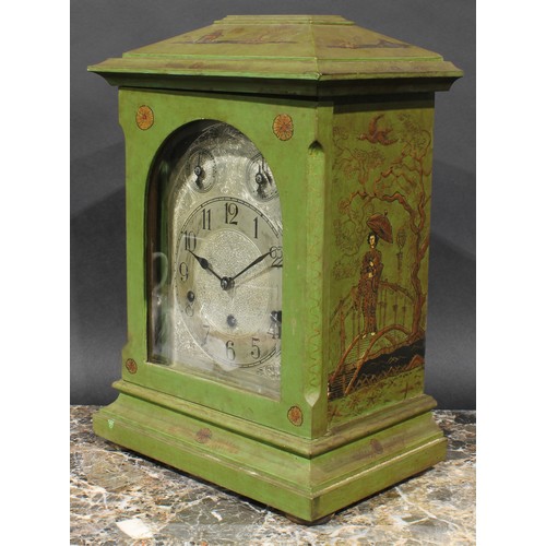 1316 - A George II style green japanned musical bracket clock, 17cm rectangular dial inscribed with Arabic ... 