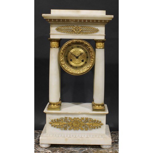 1314 - A French Empire gilt metal mounted carrara marble portico clock, 9cm engine turned dial inscribed wi... 