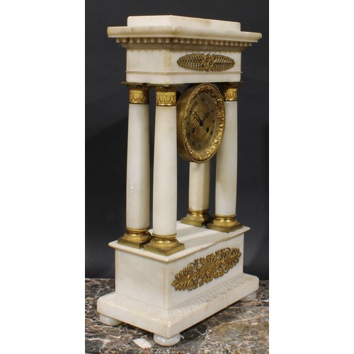 1314 - A French Empire gilt metal mounted carrara marble portico clock, 9cm engine turned dial inscribed wi... 