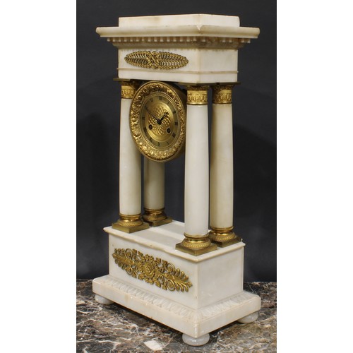 1314 - A French Empire gilt metal mounted carrara marble portico clock, 9cm engine turned dial inscribed wi... 