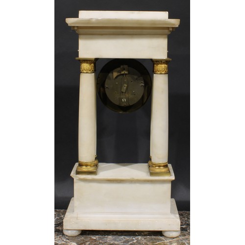 1314 - A French Empire gilt metal mounted carrara marble portico clock, 9cm engine turned dial inscribed wi... 