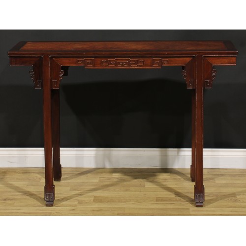 1659 - A Chinese hardwood and burr altar table, of domestic proportions, rectangular top above a shaped fri... 