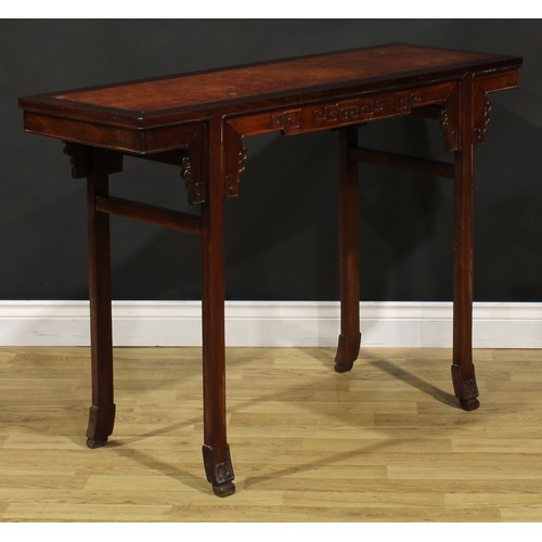 1659 - A Chinese hardwood and burr altar table, of domestic proportions, rectangular top above a shaped fri... 