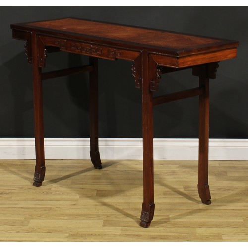 1659 - A Chinese hardwood and burr altar table, of domestic proportions, rectangular top above a shaped fri... 