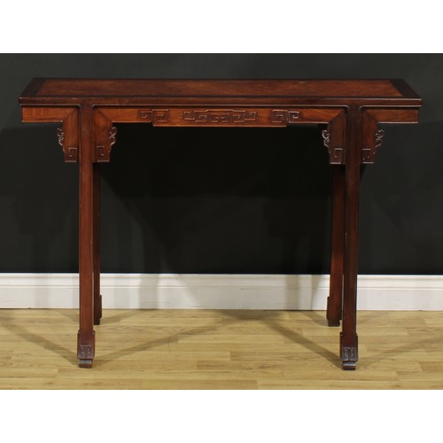 1659 - A Chinese hardwood and burr altar table, of domestic proportions, rectangular top above a shaped fri... 