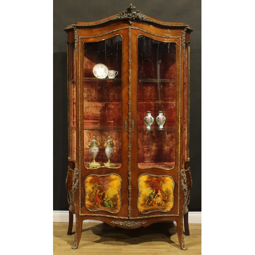 1627 - A Louis XV Revival gilt metal mounted mahogany and vernis Martin vitrine, chapeau de gendarme cresti... 