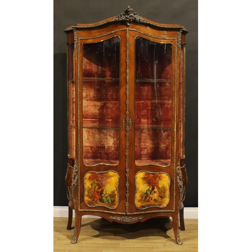 1627 - A Louis XV Revival gilt metal mounted mahogany and vernis Martin vitrine, chapeau de gendarme cresti... 