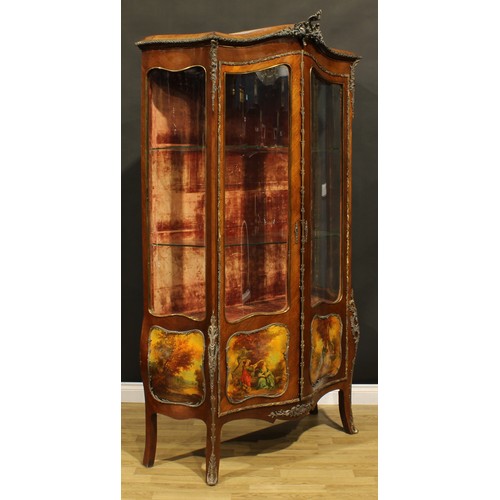 1627 - A Louis XV Revival gilt metal mounted mahogany and vernis Martin vitrine, chapeau de gendarme cresti... 