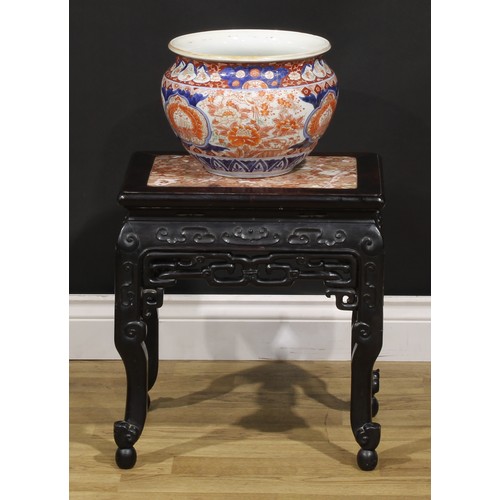 1298 - A Chinese hardwood waisted fangdeng or jardiniere stand, rectangular top with inset marble panel, sh... 