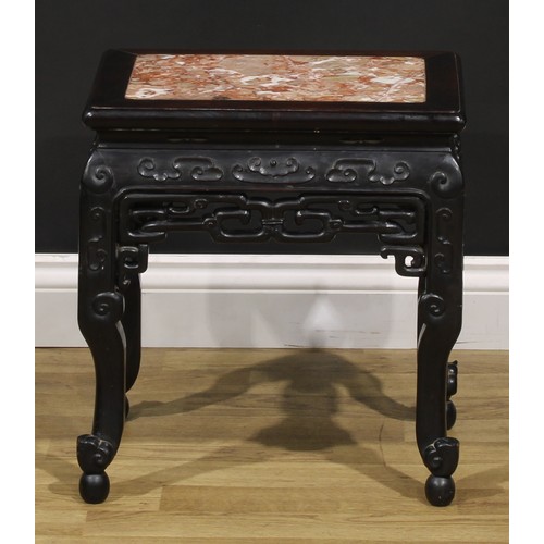 1298 - A Chinese hardwood waisted fangdeng or jardiniere stand, rectangular top with inset marble panel, sh... 