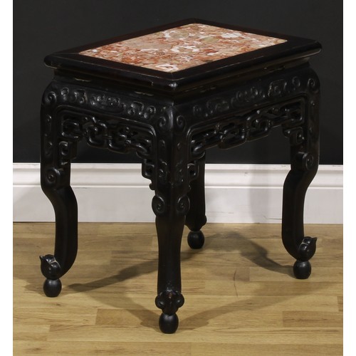 1298 - A Chinese hardwood waisted fangdeng or jardiniere stand, rectangular top with inset marble panel, sh... 